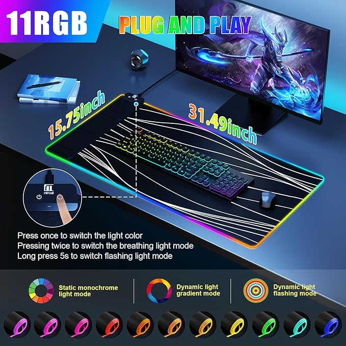 Mouse Pad with Foldable Phone Holder, Wireless Charging Desk Mat, RGB Gaming Mousepad Large Desk Pad with Non-Slip Base, Waterproof Keyboard Pad, Classic Black (XXL Stand Wavy)