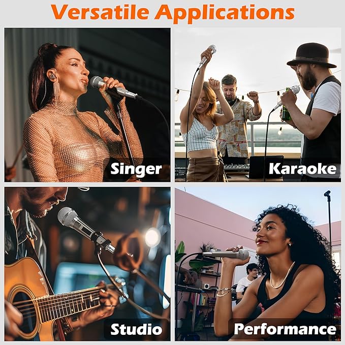 Wired Microphone for Singing, Metal Female, ON/Off Switch, Professional Vocal Dynamic Mic with 20ft & 6.5ft XLR Audio Cable, Cardioid Studio Microfono for Podcasting and Recording, Gold-L52