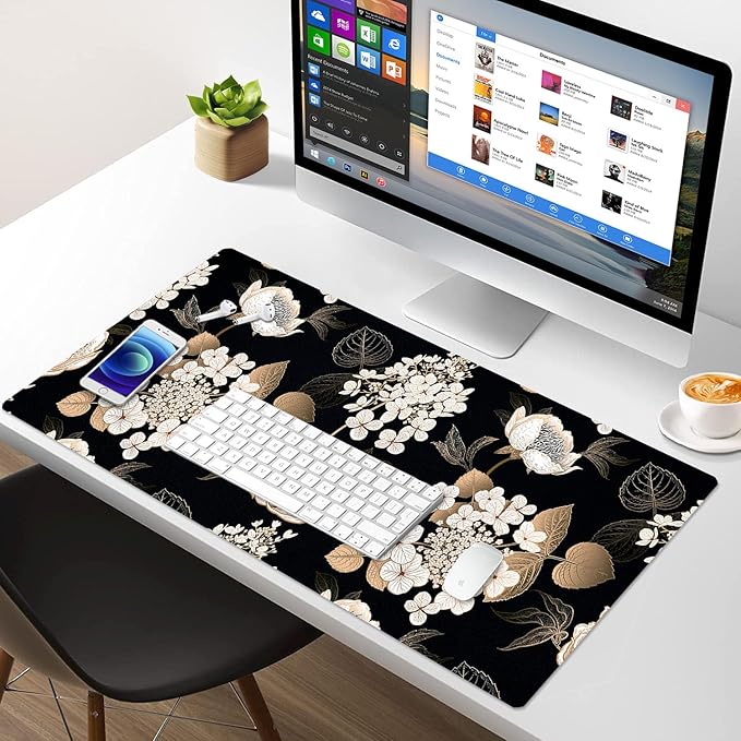 Large Desk Mat, Dual Side PU Leather Waterproof Mousepad Desk Pad, Desk Protector Writing Pads Desk Accessories for Office and Home (C-Black Gold Flower, 24''X14'')