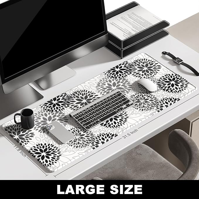 BOSOBO Large XXL Gaming Mat, Full Cover Desktop Mat - 31.5 x 11.8 Inches, Minimalist White Black Flower