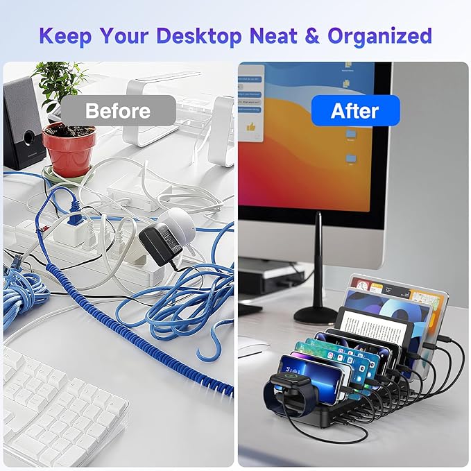 320W Charging Station for Multiple Devices, 10 Ports Fast Multi-Device Charger Organizer Compatible with MacBook Pro Laptop, iPhone, Android, Ipad, Tablet, Kindle, Multi-Device Charging Dock（Black）