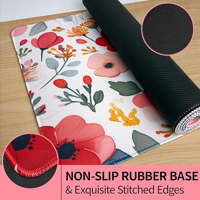 Floral Desk Mat, Desk Matt for Desktop Non-Slip, Large Mouse Pad with Stitched Edges, XL Computer Desk Mat for Women Office Decor (Red, 31.5" x 15.7")