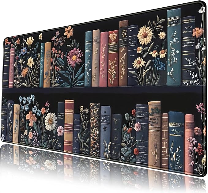 Bookish Desk Mat Floral Bookshelf Desk Pad Faux Embroidery Large Mouse Pad XXL Extended Mousepad Flower Aesthetic Keyboard Pad Mouse Mat 31.5''X15.7''in Book Lovers Gift Office Decor for Women