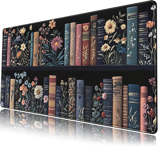 Bookish Desk Mat Floral Bookshelf Desk Pad Faux Embroidery Large Mouse Pad XXL Extended Mousepad Flower Aesthetic Keyboard Pad Mouse Mat 31.5''X15.7''in Book Lovers Gift Office Decor for Women