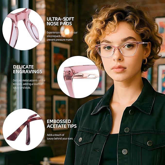 Crystal Pink Blue Light Glasses for Woman: Rose Gold Hinges, Feather-Light Reading Glasses for Working & Streaming