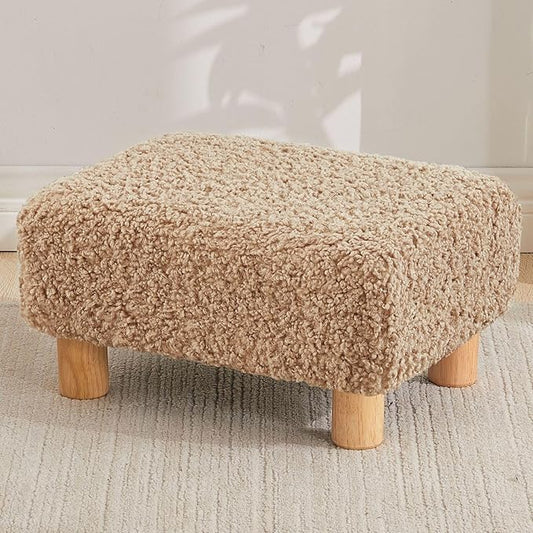 Small Foot Stool Ottoman, Sherpa Footstool Ottoman Foot Rest for Couch, Rectangle Footstools and Ottomans Small for Living Room, Entryway and Bedroom (Light Brown)