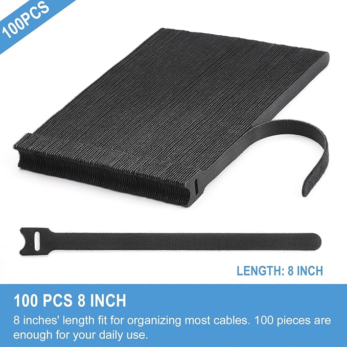 100 PCS 8 Inches Reusable Cable Ties | Adjustable Cord Wraps, Cable Straps | Hook & Loop Cord Organizer, Cable Management - Image 2