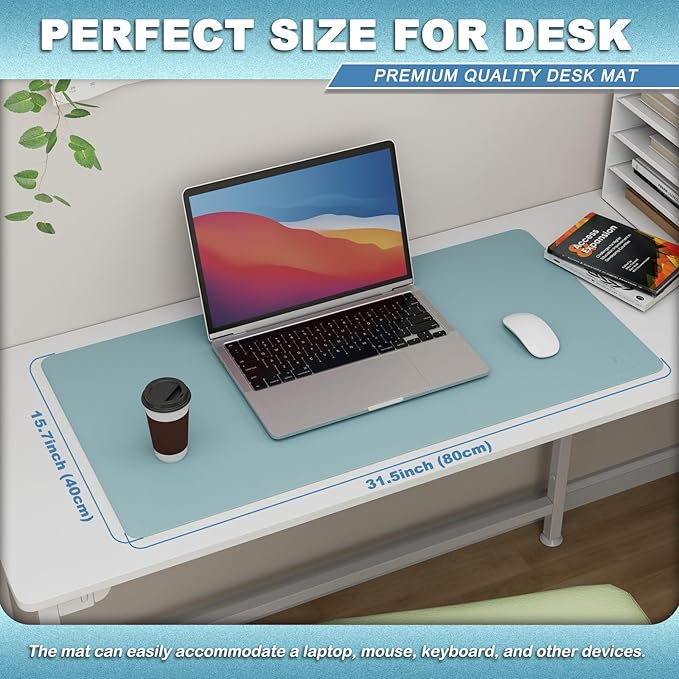 K KNODEL Leather Desk Pad Protector, Office Desk Mat, Large PVC Leather Desk Blotter, Non-Slip Mouse Pad (Sky Blue, 15.7" x 31.5")