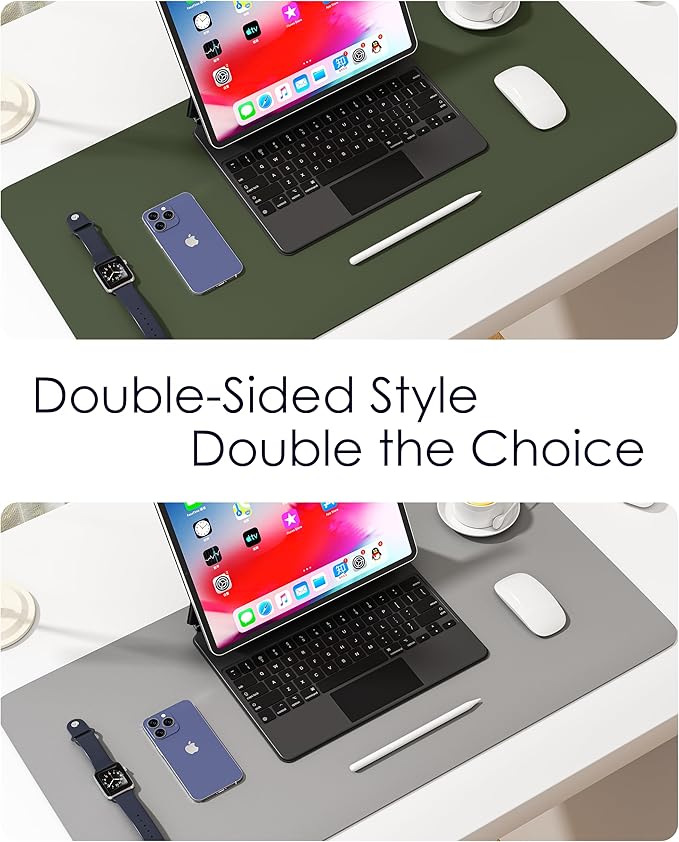 WAYBER Leather Desk Pad Protector, Waterproof Mouse Pad, PU Desk Mat, Office Desk Cover, Desk Writing Mat for Office/Home/Work/Cubicle (Green/Gray) 31.5x15.7in