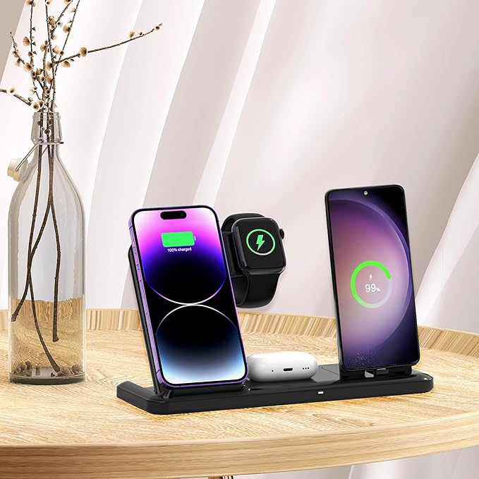 Wireless Charger for iPhone Charging Station, Foldable 4 in 1 Fast Charging for iPhone 16 15 14 13 12 Pro Max Plus, Charger Stand for Apple Watch & Airpods 4 3 2 Pro,for Samsung Series White