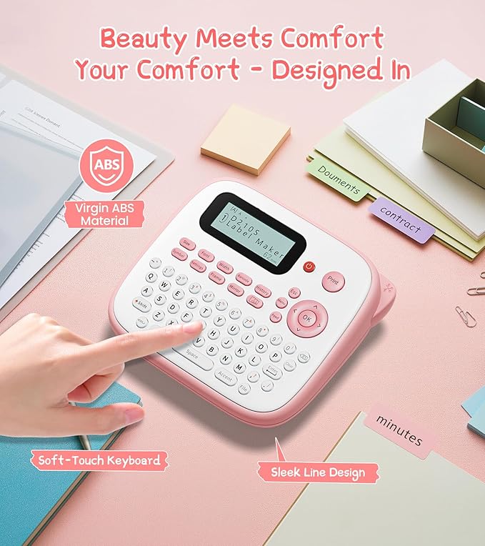 Label Maker Machine with Tapes Bundle, Pink Label Maker Waterproof-Labels, Desktop Labeler Machine with 4PK Tapes Laminated White for Home Kids School Items, Keyboard Labeler with 16 Fonts 800+ Icons