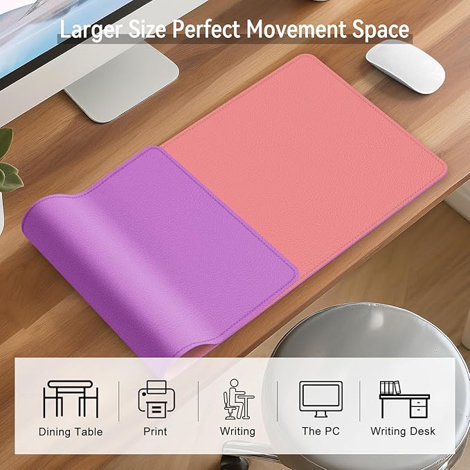 Dual Sided Leather Desk Mat - Waterproof Desk Pad - Ideal for Large Mouse Pad and Desk Mats on Top of Desks (Pink, 25"*13")