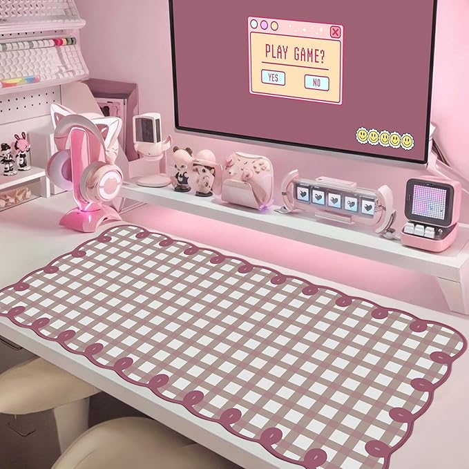 Cute Purple Pink Scalloped Desk Mat Kawaii Pastel Retro Checkered Large Mouse Pad Aesthetic Vintage Cozy Office Desk Decor for Women Girl Stitched Pad for Computer Keyboard & Mouse 31 * 15.7in