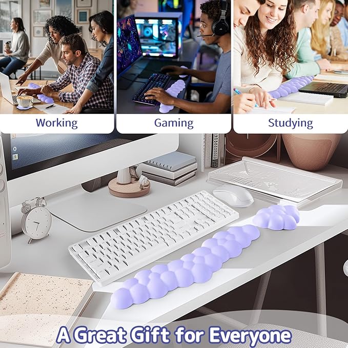 Sushret Cloud Wrist Rest for Keyboard and Mouse, Memory Foam PU Leather Keyboard Wrist Rest with Ergonomic Support, Non-Slip Base, Cute Arm Rest Pad & Palm Cushion, Office Desk Accessory, Purple
