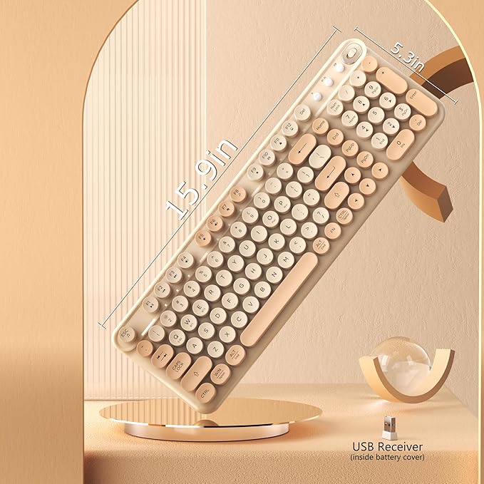 Wireless Bluetooth Keyboard - Full Size Retro Round Typewriter Style Wireless Keyboard with 2.4GHz & Bluetooth Dual-Mode Compatibility for PC, Laptop, Windows, Mac, and More (Milk Tea)