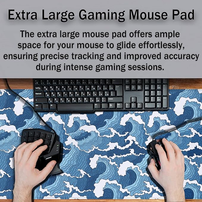 Large Desk Pads Blue and White Desktop Pad, Pc Mouse Pad Keyboard Mat, Desk Pad Gaming Waterproof Non-Slip Rubber Base, 35.4 X 15.7 inch for Work/Game/Office/Home Japanese Abstract Waves