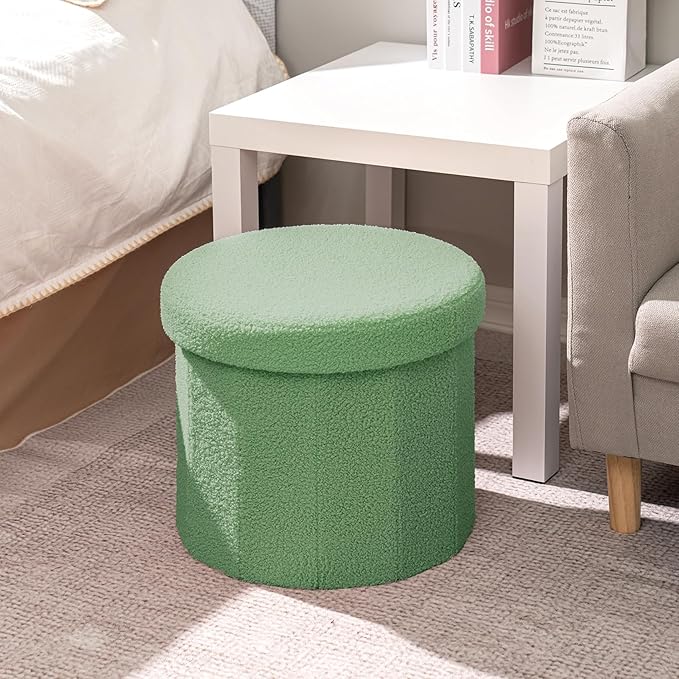 B FSOBEIIALEO Storage Ottoman Cube, Round Ottomans with Storage Foot Stool Footrest for Lving Room, Boucle Ottoman Seat for Dorm Room,Faux Teddy Fur, Green 15"x15"x13.19"