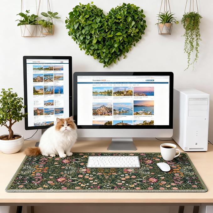 Dark Green Floral XXL Desk Mat, Extra Large Mouse Pad with Anti-Slip Base & Stitched Edges for Women, Aesthetic Desk Pad for Home Office Computer, Keyboard Mat Office Supplies Decor