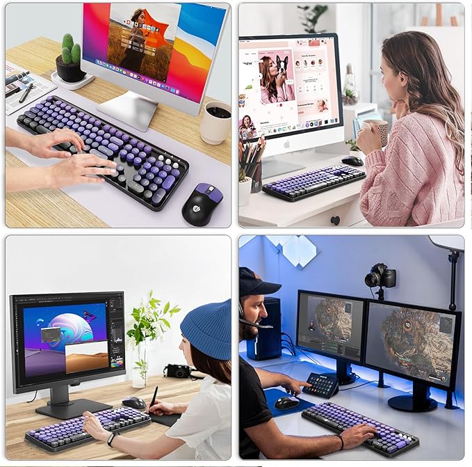 FOPETT Wireless Keyboard and Mouse Combo, 104 Keys Full-Sized 2.4 GHz Round Keycap Colorful Keyboards, USB Receiver Plug and Play, for Windows, Mac, PC, Laptop, Desktop (Black Purple)