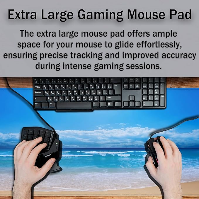 Desktop Mouse Pad Blue Full Desk Mat Large Mouse Pads Desktop Mats Large Mouse Mat Non-Slip Rubber Base Waterproof with Stitched Edges 35.4" X 15.7" for Game Office, Sea Water and Beach