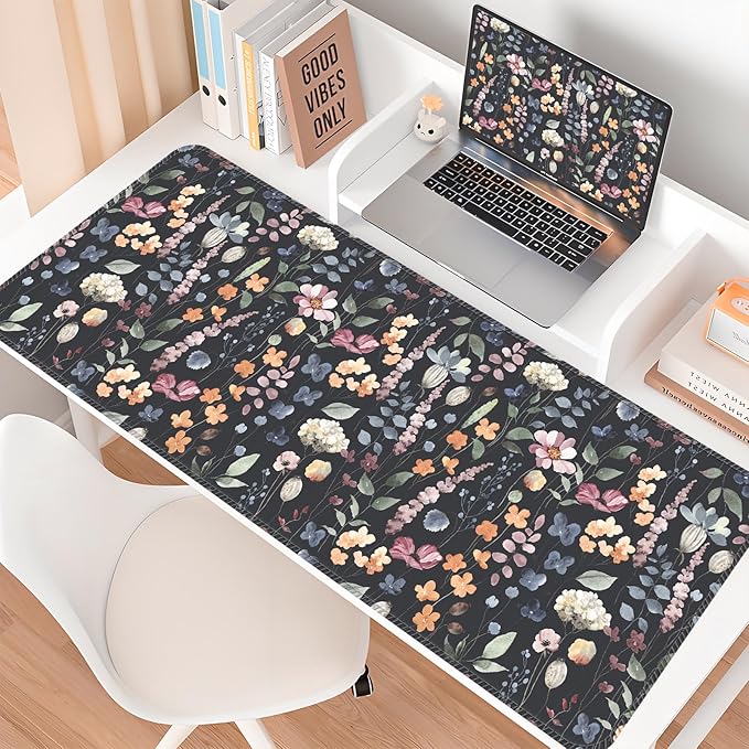 Desk Mat,Big Desk Pad,31.5 x 11.5in Extended Gaming Mouse Pad,Large Mouse Pad for Desk Rubber Base Mousepad with Stitched Edges,Keyboard Mouse Mat for Work Game Office Home - Cute Watercolor Flower