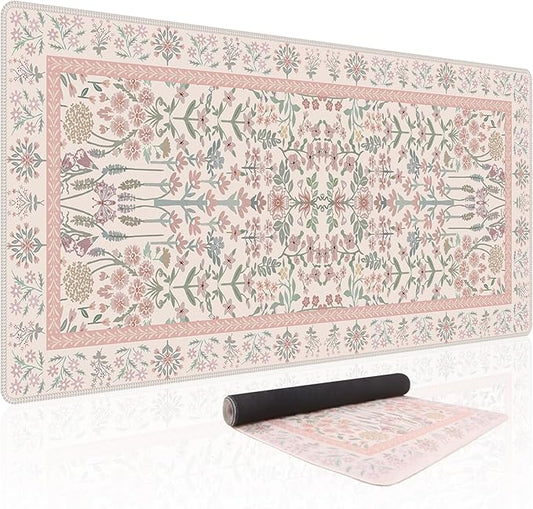 Baziabbo Pink Floral Desk Mat,XXL Extended Big Mouse Pad,Gaming Mousepad with Stitched Edge,Non-Slip Rubber Base Keyboard Desk Pad for Home Office Study Game