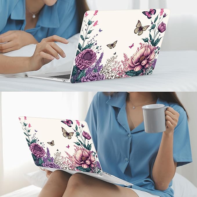 Mektron Case for MacBook Air 13 inch M1 A2337 A2179 A1932,Hard Cover 2018-2021 Air 13-inch with Touch ID, Exclusively Designed Protective Shell with Screen Protector,Butterfly Flower C077