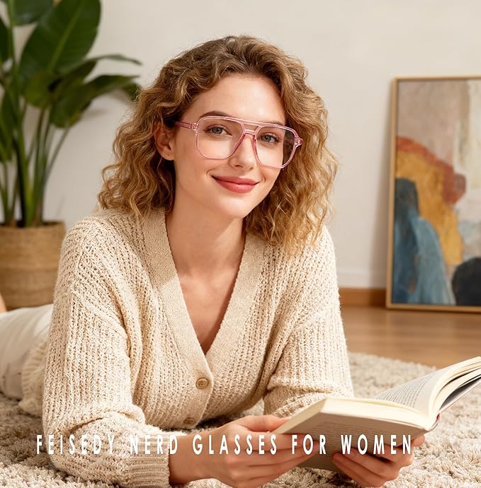 FEISEDY Blue Light Blocking Glasses Fake Nerd Clear Square Computer Lightweight Pilot Glasses Frame Oversized B2866