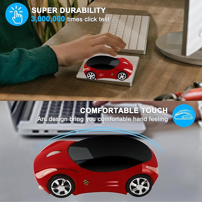 SHARE SUNSHINE Colorful 3D Sport Car Shape Mouse 2.4GHz Wireless Mouse 1600DPI 3 Buttons Optical Ergonomic Gaming Mice with USB Receiver for PC Laptop Computer (Red)