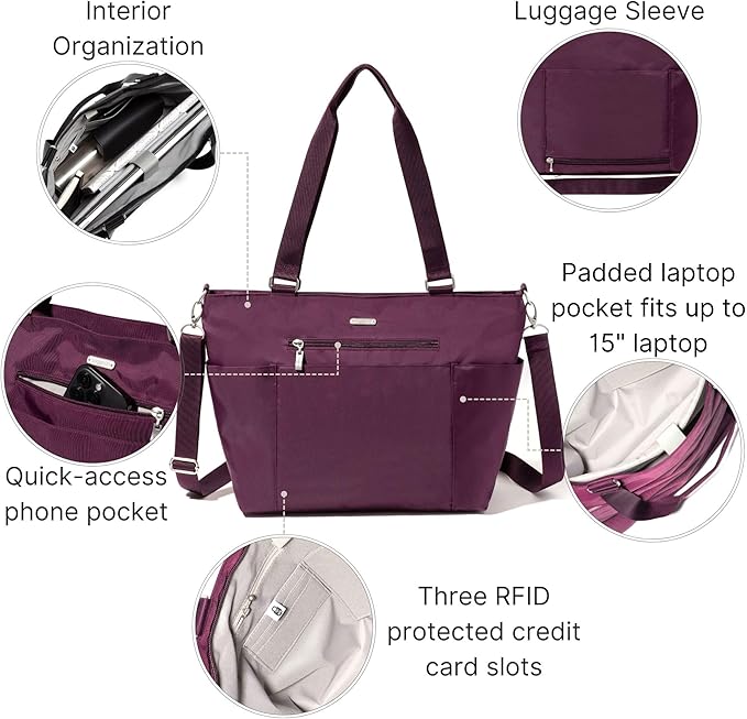 Baggallini Essential Laptop Tote - Work Tote Bag with Laptop Sleeve - Lightweight Travel Crossbody Shoulder Bag for Women