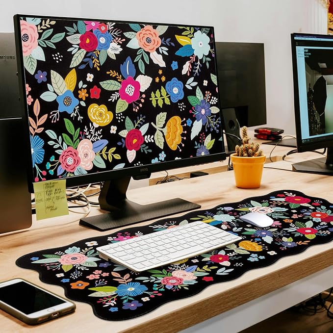 L-SPOUTTO Floral Mouse Pad,Botanical Desk Mat XXL Large Scalloped Gaming Mousepad,35.4x15.7in Non-Slip Rubber Base Keyboard Pad Waterproof Desktop Mat for Laptop Computer Game Home Office-Flowers