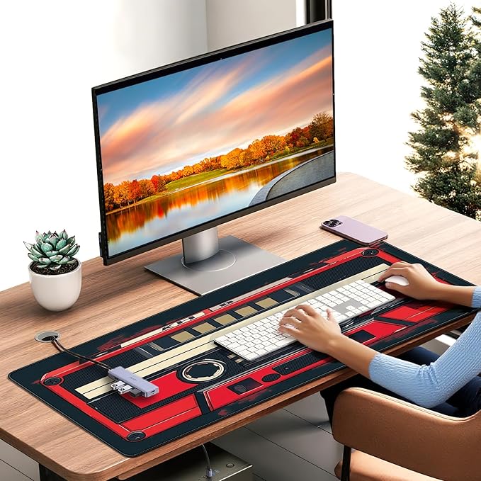 Retro Cassette Tape Design Mouse Pad, 35.4 x 15.7 Inches Gaming Desk Mat with Non-Slip Base for Home Office School Business