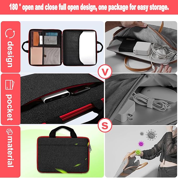 Hseok Laptop Case 13.3-14 inch Sleeve, TSA Computer Handbag Water-Resistant and Shockproof Bag Compatible with MacBook Pro/Neo 14", Mac Air/Pro 13.3" and 13"-14" Notebooks Chromebooks,Black-red
