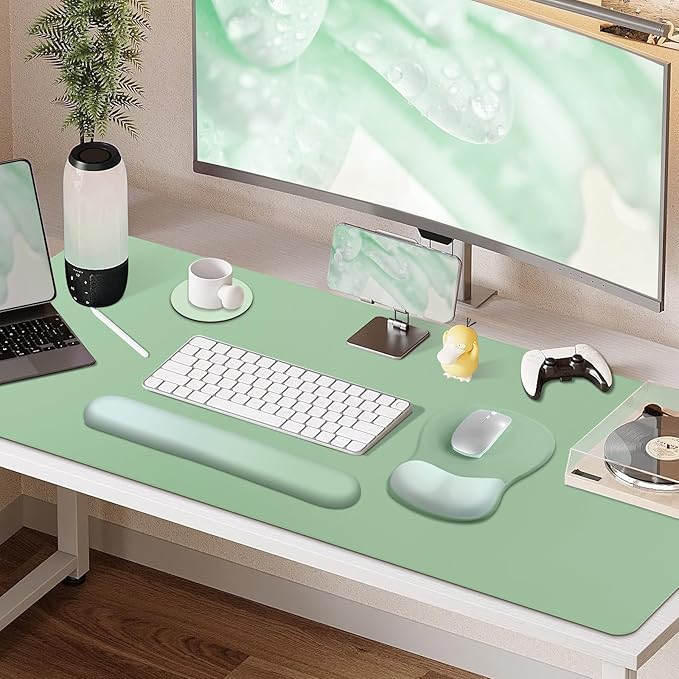 4-in-1 Large Gaming Mouse Pad, Keyboard Wrist Rest Pad & Wrist Support Mousepad Set, Extended Desk Pad Waterproof Desk Mat Protector for Home Office Decor Study Game 35.4×15.7 Inches I Sage Green