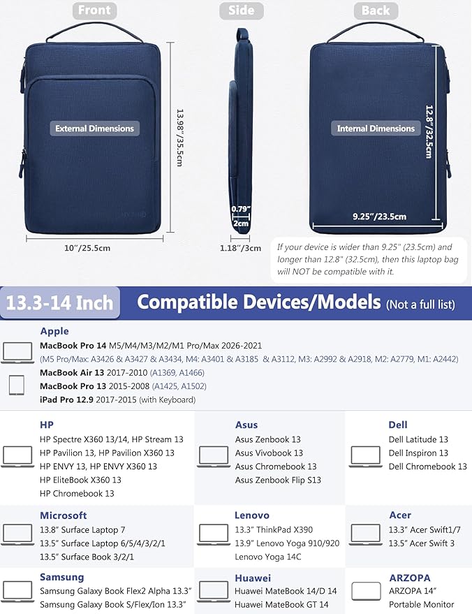 HYZUO 13.3-14 Inch Laptop Bag Sleeve for MacBook Pro 14 M5 M4 M3 M2 M1 Pro/Max A3426 A3427 2026-2021, MacBook Air/Pro 13.3, 13.8"-13.5" Surface Laptop/Book, Notebook Case for 13" Dell HP, Navy Blue
