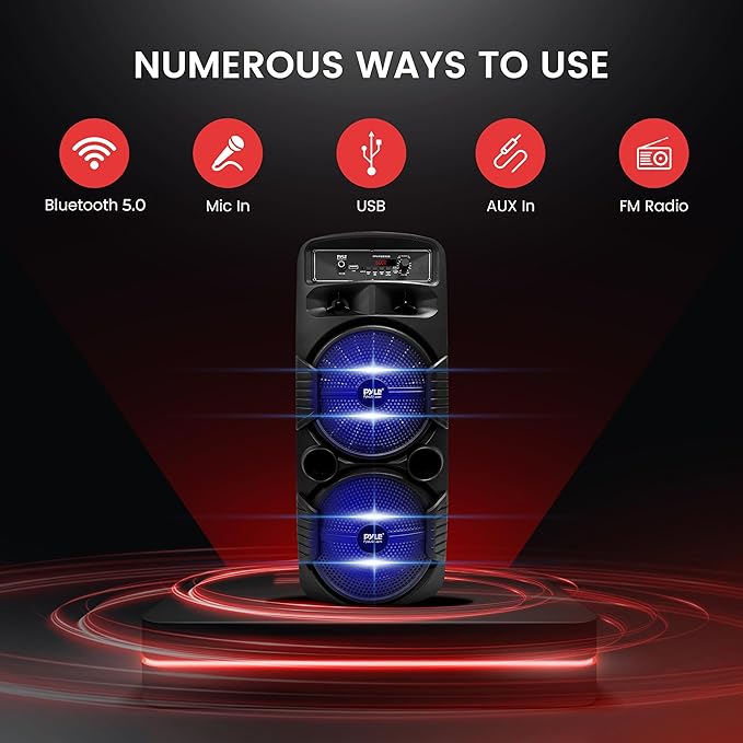 Pyle Portable Bluetooth PA Speaker System - 600W Rechargeable Outdoor Bluetooth Speaker Portable PA System w/ Dual 8” Subwoofer 1” Tweeter, Microphone In, Party Lights, USB, Radio, Remote - PPHP2835B