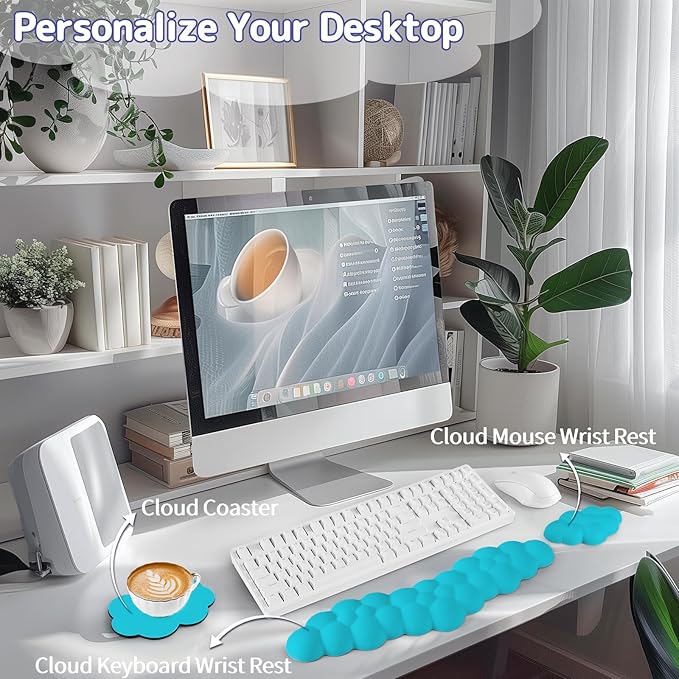Sushret Cloud Wrist Rest for Keyboard and Mouse, Memory Foam PU Leather Keyboard Wrist Rest with Ergonomic Support, Non-Slip Base, Cute Arm Rest Pad & Palm Cushion, Office Desk Accessory, Scuba Blue
