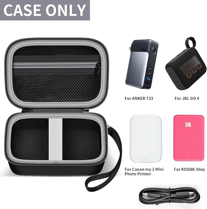 Multi-purpose Storage Bag Comaptible with JBL GO 4, for Canon Ivy 2 Mini Photo Printer, for KODAK Step, for Anker 733 Power Bank，Carrying Protective Case with Mesh Pocket & Wrist Strap(Bag Only)Black
