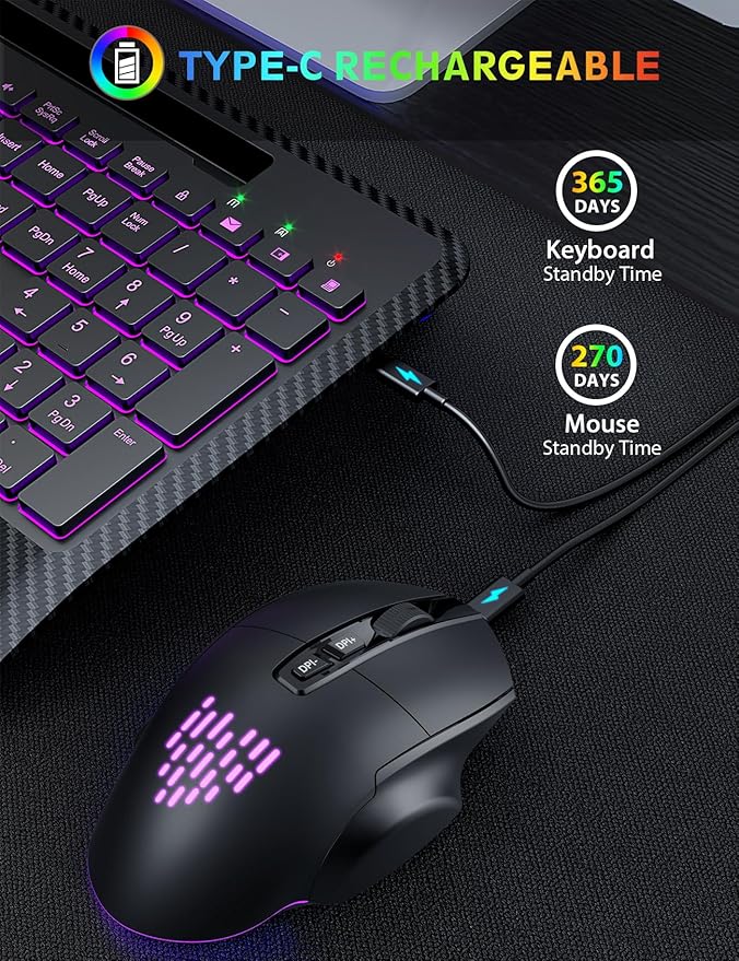 Wireless Keyboard and Mouse Backlits, Wrist Rest, LED Mouse, Rechargeable Ergonomic Keyboard with Phone Holder, Silent Light Up Combo for Computer, Mac, PC, Laptop, Chromebook (Black)
