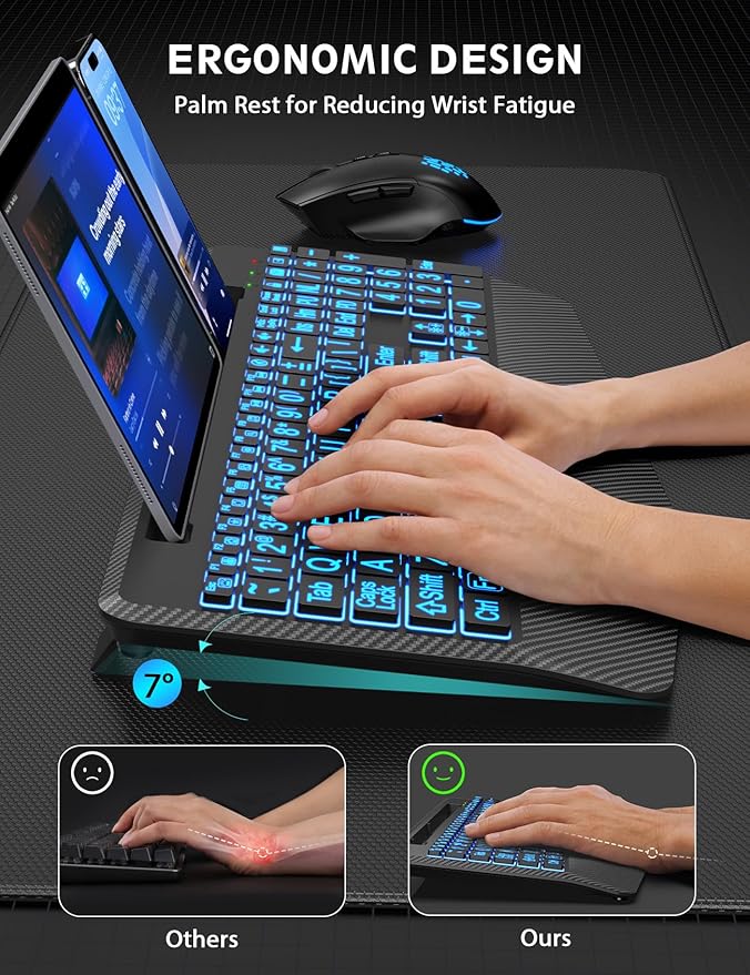 Wireless Keyboard and Mouse Backlits, Wrist Rest, LED Mouse, Rechargeable Ergonomic Keyboard with Phone Holder, Silent Light Up Combo for Computer, Mac, PC, Laptop, Chromebook (Black Large Print)