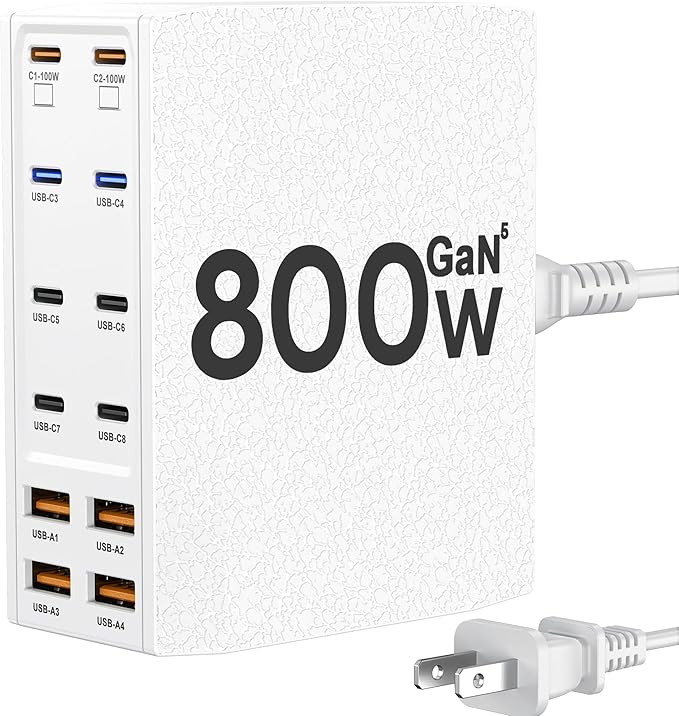 USB Charging Station (800W),12-Port USB C Charger Block with Dual 100W PD USB-C Fast Charging Station Hub for MacBook Pro/Air/All iPad Phone 17/16 15/14/13/Pro Max/Samsung Galaxy Note(White)