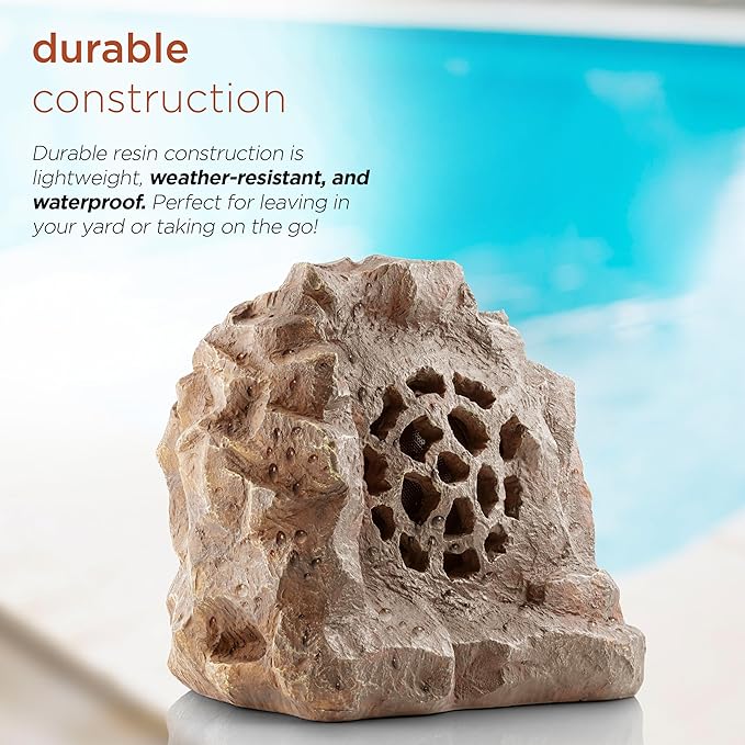 Alpine Corporation 11" Tall Solar Bluetooth Wireless Rock Speaker, Waterproof Outdoor Audio System - Portable Sound, High-Fidelity, 50-Foot Range, Brown