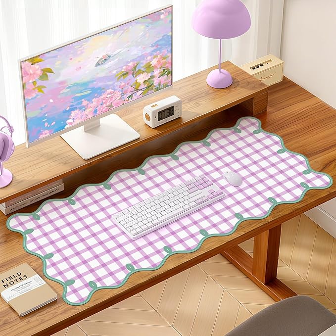 Leather Desk Pad, Desk Mat Mouse Pad, Non-Slip Mousepad Waterproof PU Table Blotter for Computer Laptop Extra Large Keyboard Mat for Women Girl Office Home Dorm, Green Scalloped +Hot Pink Checkered
