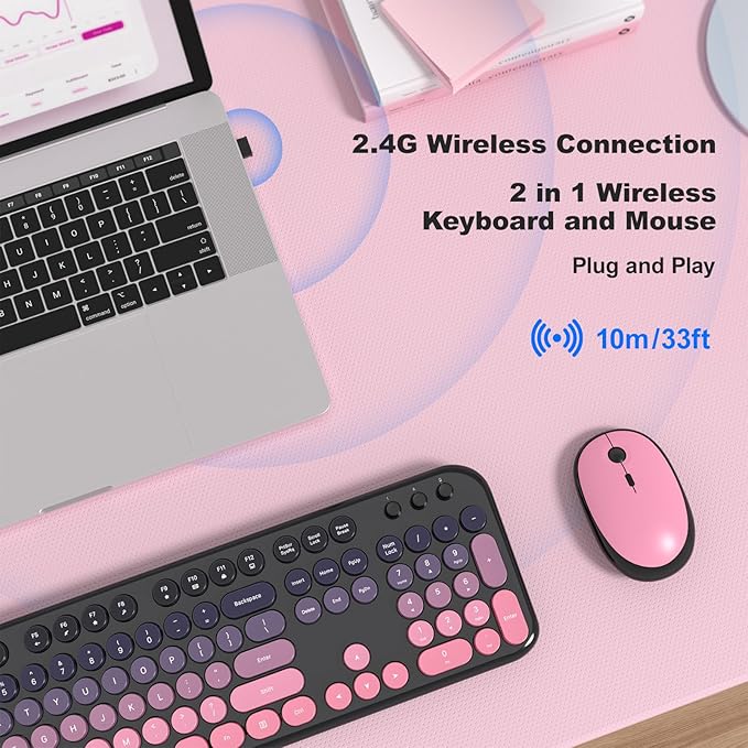 Wireless Keyboard Mouse Combo, Typewriter Full Size Keyboard with Number Pad and 2 in 1 USB Connected Mouse for PC Computer Laptop Desktop Windows 7 8 10 11 (Berry Pink)