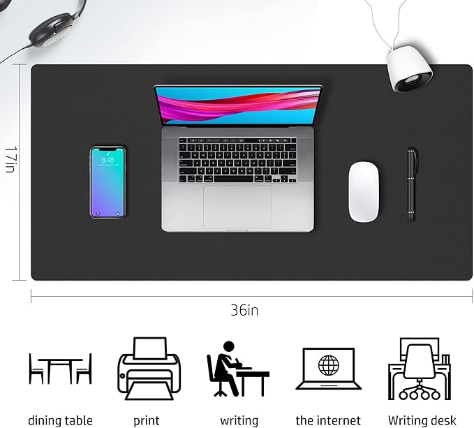Aothia Double-Sided PU Leather Desk Pad - Non-Slip Large Mouse Pad & Desk Mat for Office, Home - Waterproof, Easy to Clean, Durable Dual-Sided Surface (36" x 17", Black)