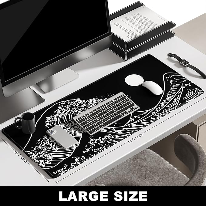 BOSOBO Large Mouse Pad, XXL XL Extended Gaming Desk Mat for Office & Home, Long Keyboard Mat, Desktop Full Cover 35.5 x 15.7 Inches, Art Japan Kanagawa Wave Black