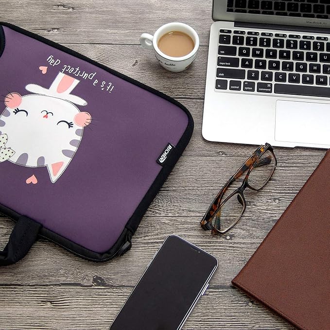 RICHEN 14 15 15.4 15.6 inch Laptop Shoulder Bag Notebook Handle Sleeve Neoprene Soft Carrying Travel Case with Accessories Pocket (14-15.6 inch, Cute Cat)