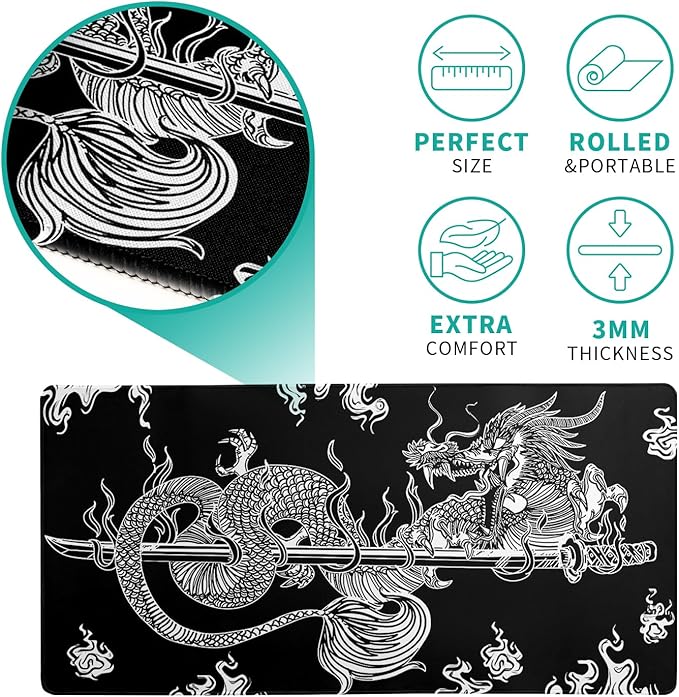 Dragon Gaming Mouse Pad Black Large Mouse Pad for Keyboard and Mousepad Desk Mat with 3mm Non-Slip Base and Stitched Edge for Gaming and Office Computer Mat Protector Mat 27.6x11.8 Inch