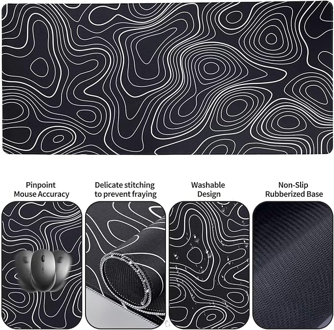 Bloss Mouse Pad with Wrist Rest, 4PCS Desk Mat and Wrist Support for Keyboard, Large Desk Pad, Keyboard Pad for Office Work/Home, Black and White Topography (31.5 x 15.7 Inches)