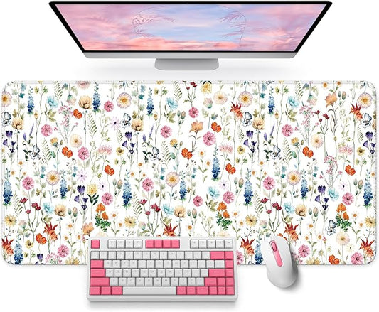 Large Mouse Pad for Desktop, Cute Desk Mat Pad Protector for Work & Gaming, Aesthetic Pretty Anti-Slip Laptop Blotter Cover for Office School Home Supplies, Wildflowers, 35.4" x 15.7"